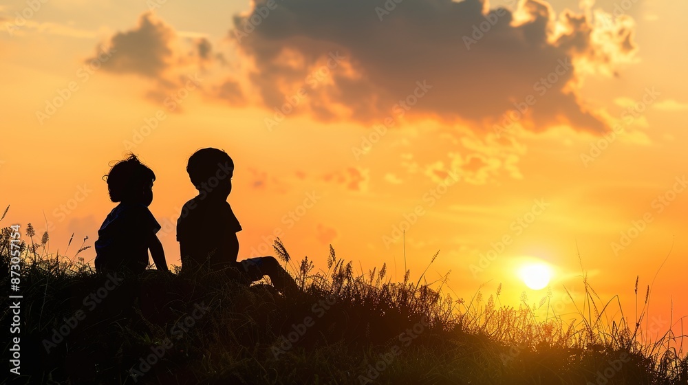Serene Sunset Silhouette of Kids on Hill with Copyspace for Text