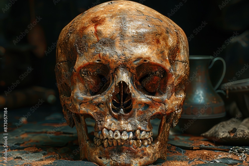 A close-up of an aged and weathered human skull, showcasing intricate details, placed on a rustic surface with a dark background. A close-up of an aged and weathered human skull, showcasing intricate details, placed on a rustic surface with a dark background.