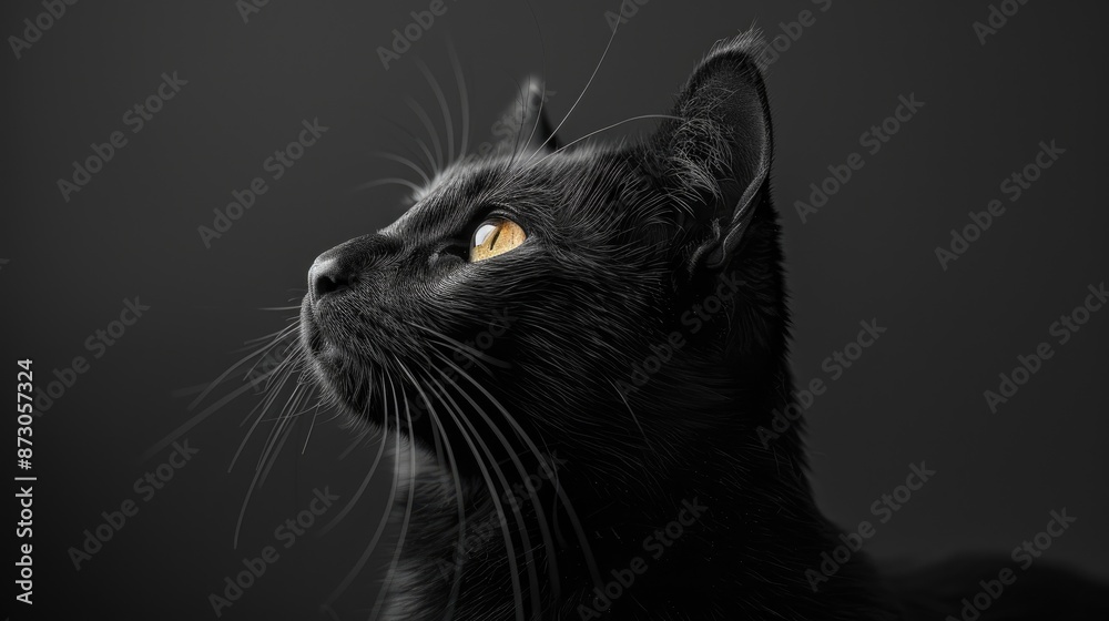 Selective focus portrait of a black Bombay cat with empty space Selective focus portrait of a black Bombay cat with empty space