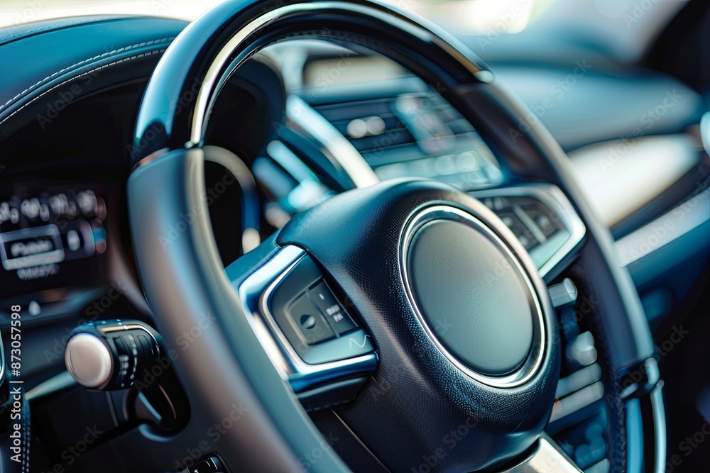 Elegant leather car steering wheel with silver switches close-up Elegant leather car steering wheel with silver switches close-up