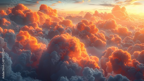 Stunning sunrise above fluffy clouds with warm orange and blue hues, creating a serene and dreamy atmosphere in the sky.