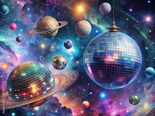 Survival galaxy pop art, disco ball in space. Planets in space in the form of mirror balls colorful background. Pop art concept, fantasy pop art