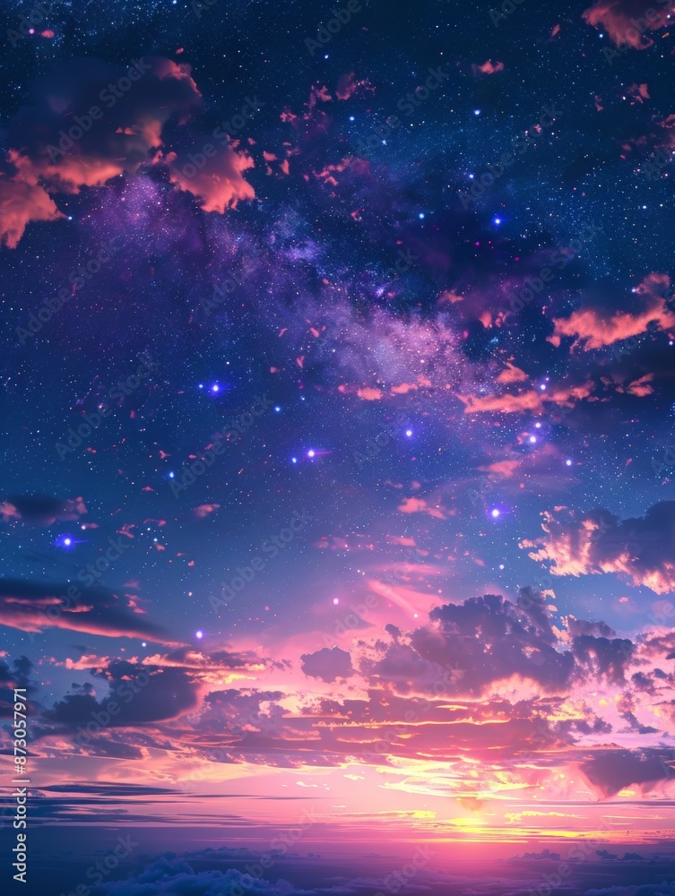 Naklejka premium A vibrant sunset with a starry sky merging into a pink and purple cloud-covered horizon.