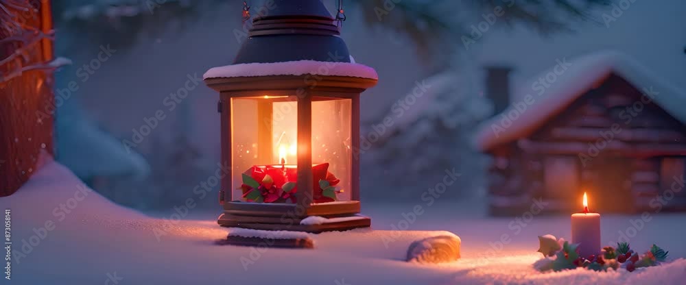 A glowing Christmas candlelight lantern, adorned with holly and red ribbons, sits on a snow-covered pine branch