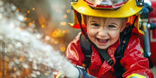 Small child dressed as a firefighter, complete with helmet and toy hose, showing the excitement and heroism of this profession through the eyes of a young dreamer