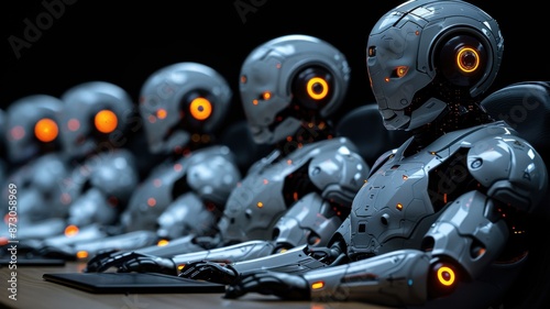 A row of advanced humanoid robots working on computers, showcasing technology, AI, automation, and futuristic concepts. © Ai-Pixel