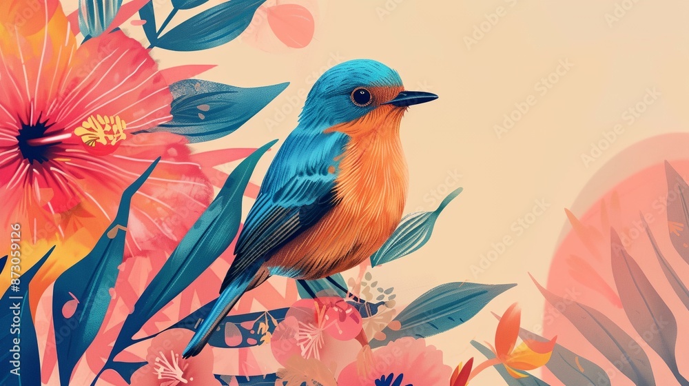 a bird sitting on a branch with flowers and leaves around it a bird sitting on a branch with flowers and leaves around it