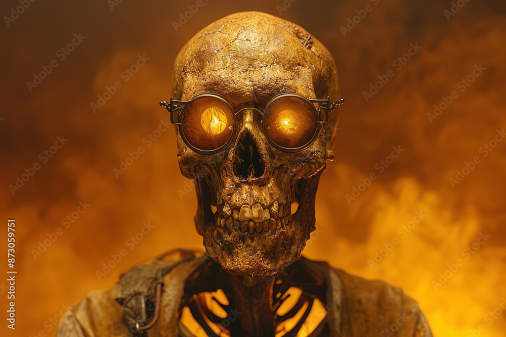 A haunting image of a skeletal figure with glowing eyes against a fiery background, creating a chilling and apocalyptic atmosphere. A haunting image of a skeletal figure with glowing eyes against a fiery background, creating a chilling and apocalyptic atmosphere.