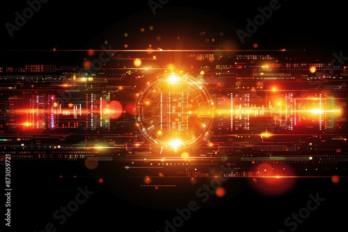 Futuristic digital technology background with glowing orange and red lights, circuit patterns, and data streams on a dark backdrop.