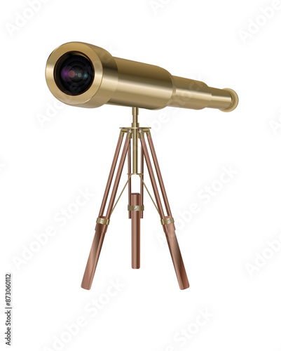 Old telescope on White Background telescope on white background. Concept of time.