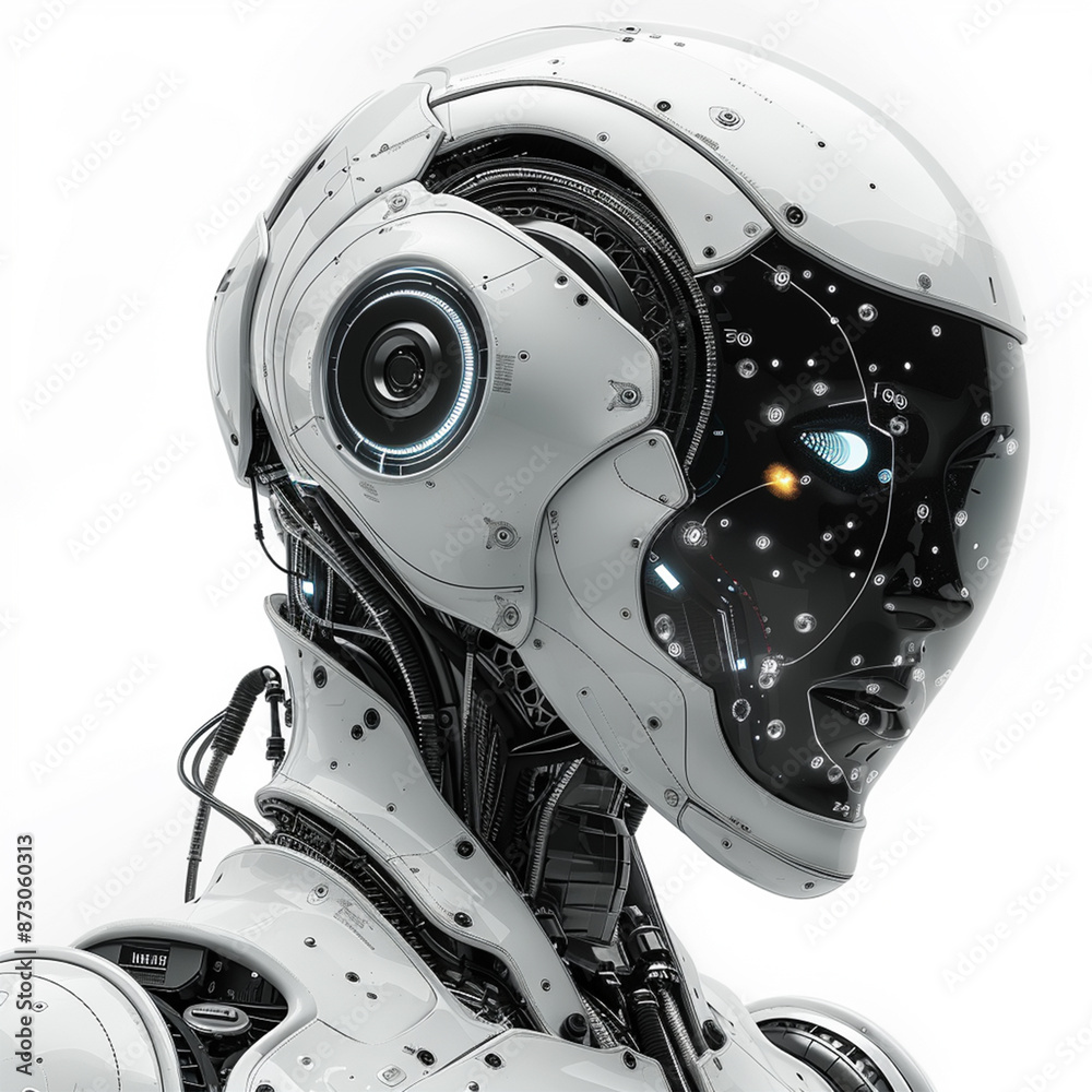 Part of one separated AI robot head 3D rendering with digital graphic brain engine inside isolated on white background with clipping path. Made with generative ai Part of one separated AI robot head 3D rendering with digital graphic brain engine inside isolated on white background with clipping path. Made with generative ai