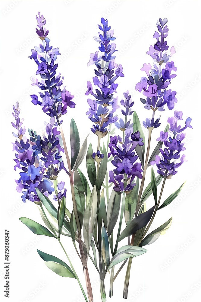 Fototapeta premium A painting of purple flowers with green stems. The flowers are arranged in a way that they are all facing the same direction. The painting has a calming and peaceful mood