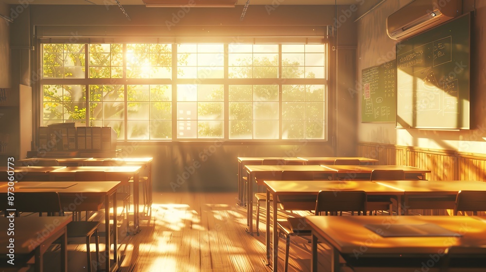 Serene Classroom Bathed in Warm Sunlight, Ideal Study Environment Serene Classroom Bathed in Warm Sunlight, Ideal Study Environment