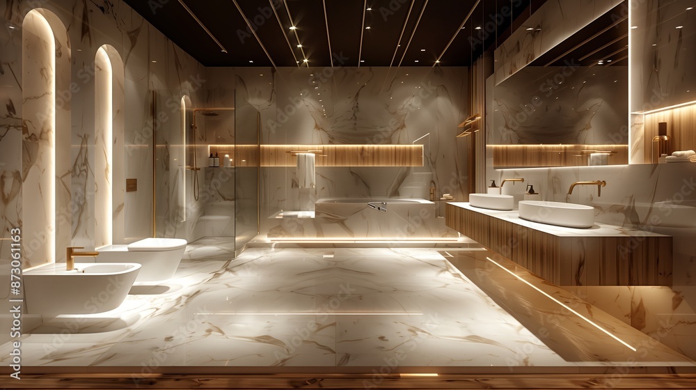 Obraz premium Modern Bathroom Interior Design With Marble Walls and Gold Accents