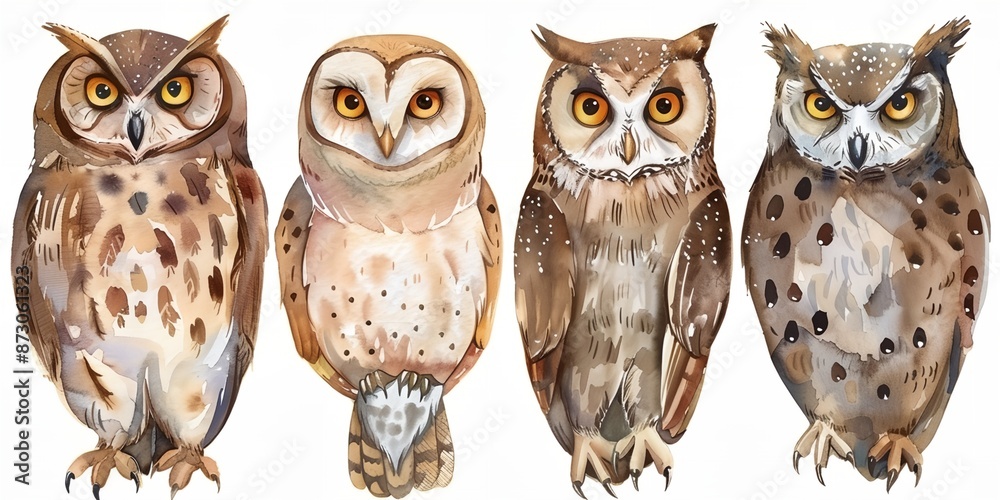 Fototapeta premium Owls are shown in a row, each with a different color, watercolor illustration on white background