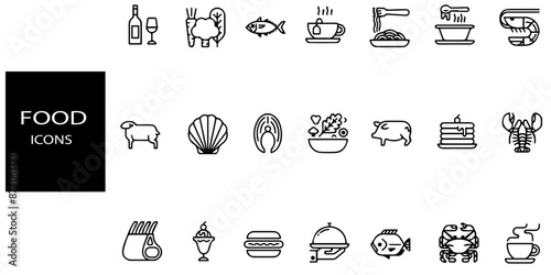 Food simple concept 21 icons set. Contains such  shampaing,tea,coffee,nodles,ice-crea,fish finger,fish cutlet,soup etc.Vector illustration.