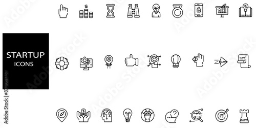 Startup simple concept 27 icons set. Contains such innovation, business plan, investment, launch, funding, investor and entrepreneurship .Vector illustration.