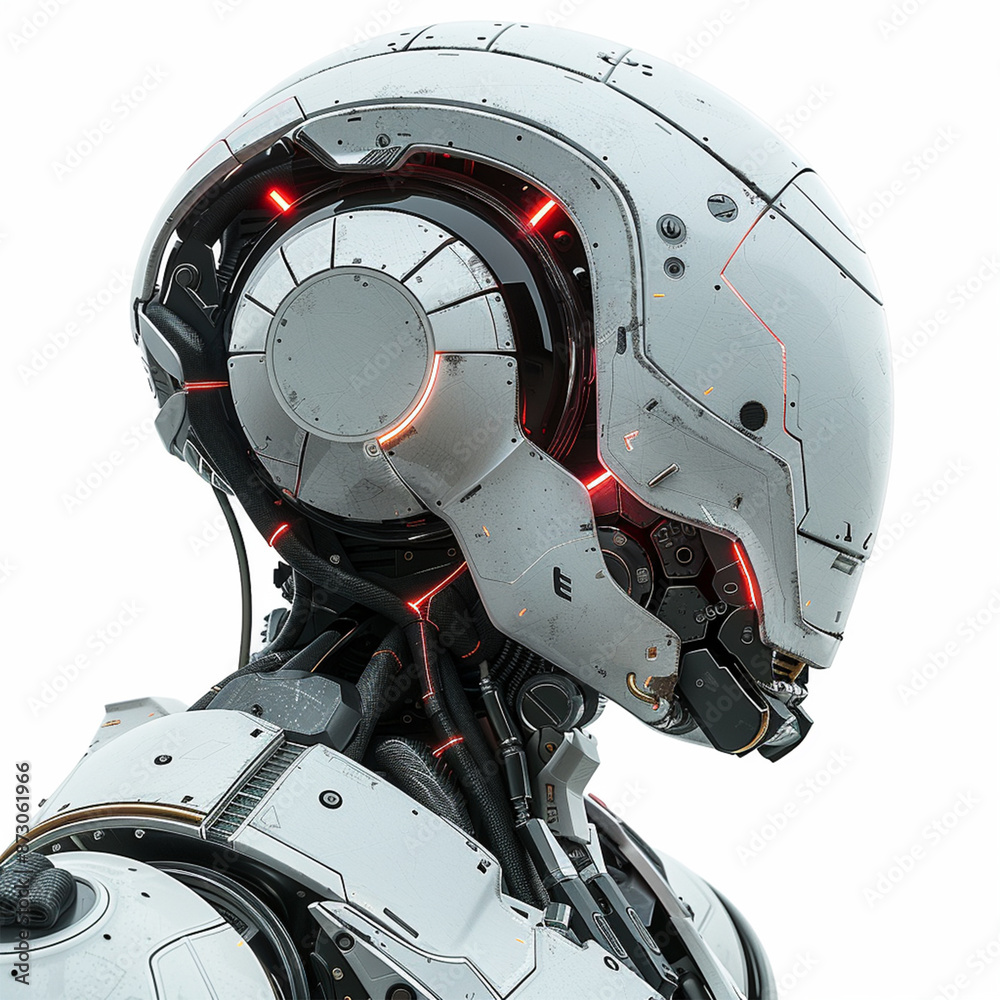 Part of one separated AI robot head 3D rendering with digital graphic brain engine inside isolated on white background with clipping path. Made with generative ai Part of one separated AI robot head 3D rendering with digital graphic brain engine inside isolated on white background with clipping path. Made with generative ai