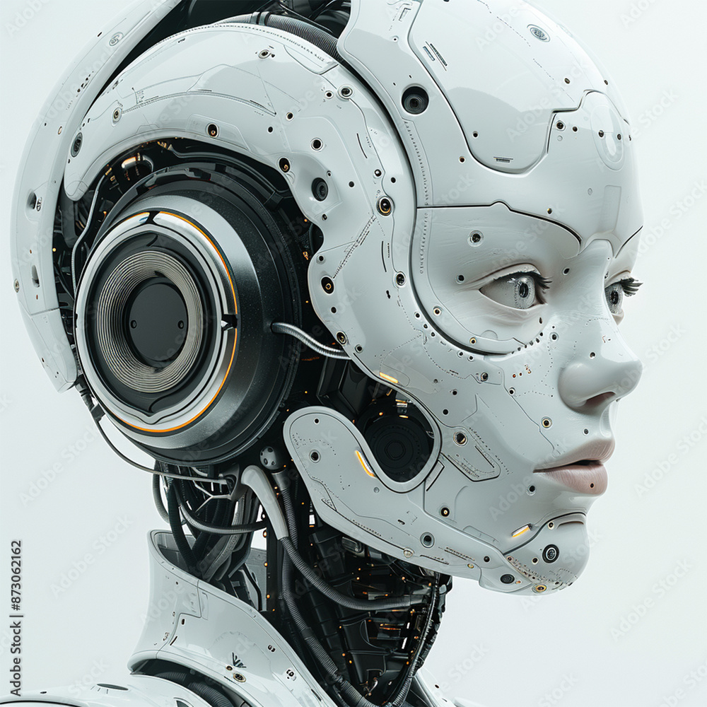 Part of one separated AI robot head 3D rendering with digital graphic brain engine inside isolated on white background with clipping path. Made with generative ai Part of one separated AI robot head 3D rendering with digital graphic brain engine inside isolated on white background with clipping path. Made with generative ai
