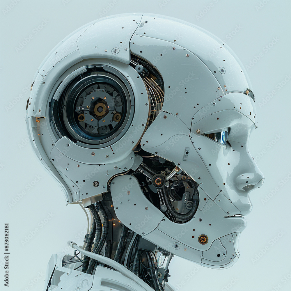 Fototapeta premium Part of one separated AI robot head 3D rendering with digital graphic brain engine inside isolated on white background with clipping path. Made with generative ai