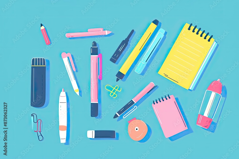 Colorful stationary items including pens, notebooks, and clips on a light blue background, perfect for school or office supplies imagery.