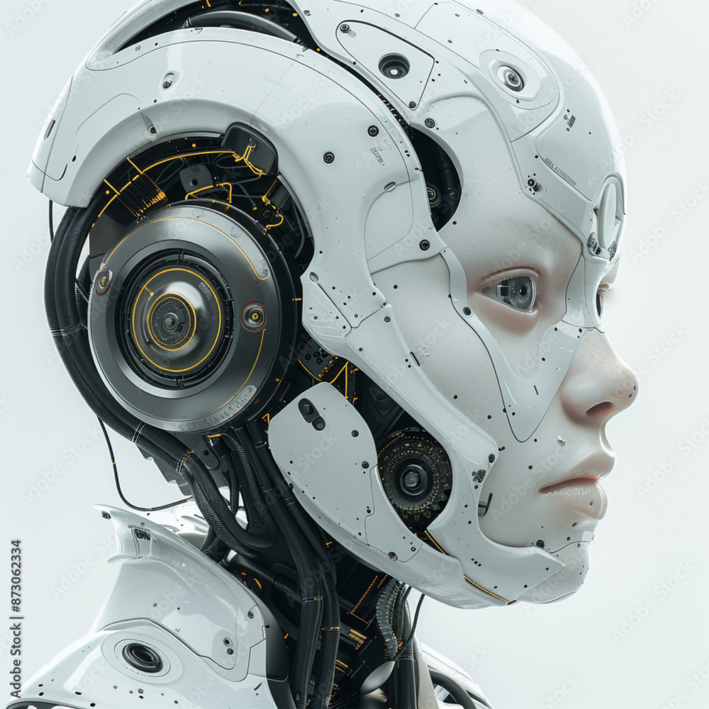 Fototapeta premium Part of one separated AI robot head 3D rendering with digital graphic brain engine inside isolated on white background with clipping path. Made with generative ai