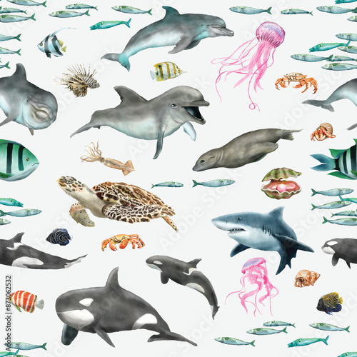 watercolor under sea life seamless pattern