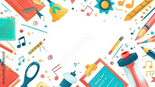Colorful school supplies and musical instruments with space for text in the center, ideal for educational and creative use.