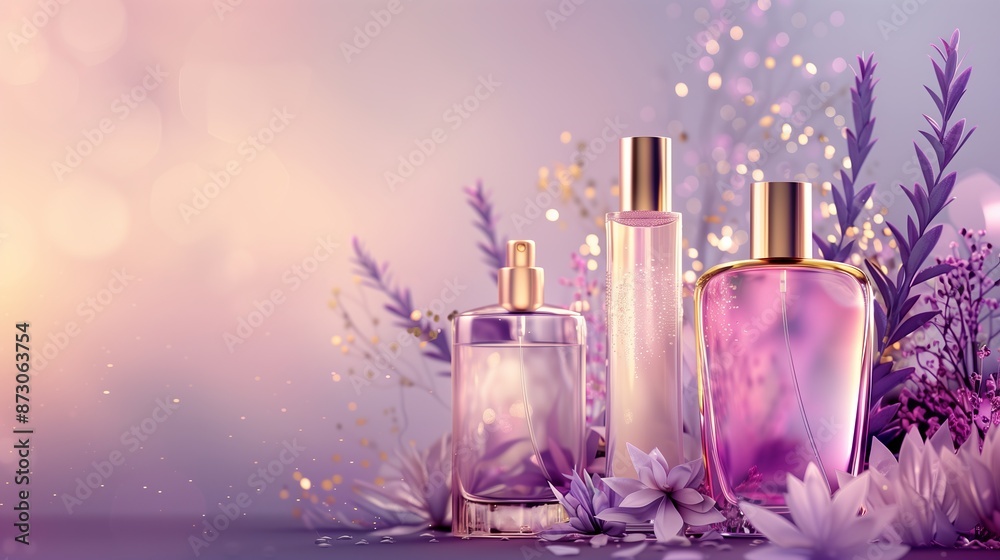 Perfumes on a soft purple and pink background, with subtle golden highlights. Perfumes on a soft purple and pink background, with subtle golden highlights.