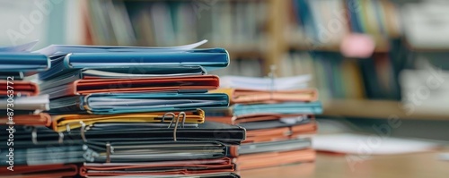 A stack of multicolored folders containing documents placed on a desk with a blurred background of shelves filled with books and files.