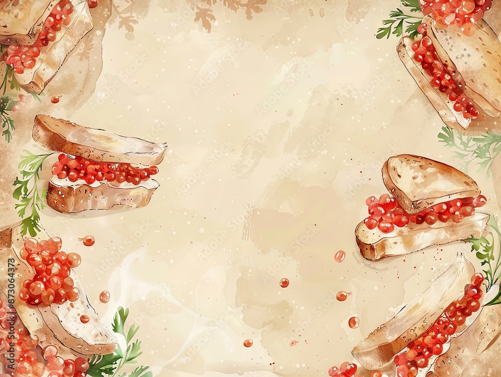 Naklejka premium watercolor sandwich with red caviar