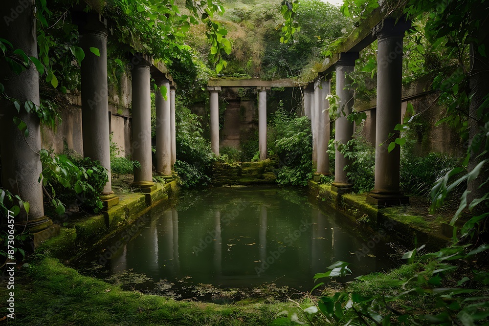 Ancient Stone Columns Surround Pond In Lush Garden Ancient Stone Columns Surround Pond In Lush Garden