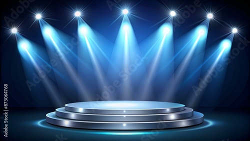 isometric vector image on a bare background, empty round platform under the light of searchlights, a pedestal for advertising photo