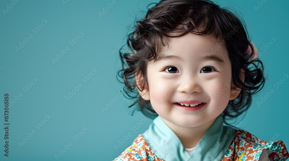 Heartwarming portrait of a joyful Asian toddler against a clean blue background Heartwarming portrait of a joyful Asian toddler against a clean blue background