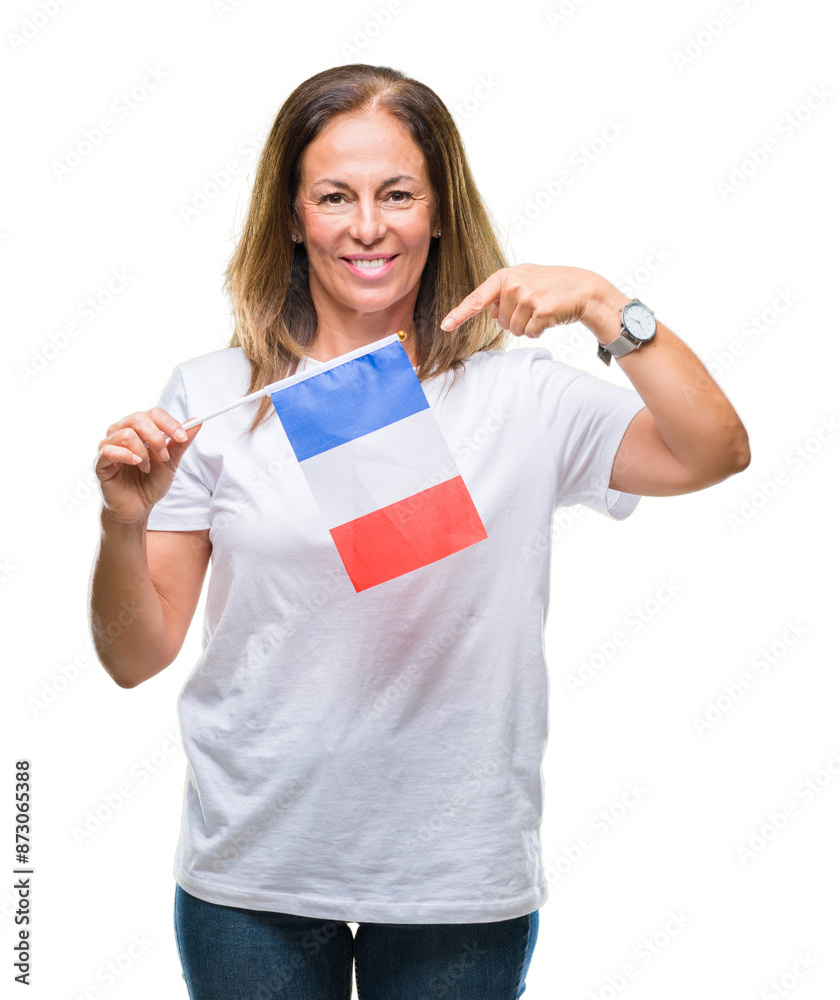 Middle age hispanic woman holding flag of France over isolated background very happy pointing with hand and finger Middle age hispanic woman holding flag of France over isolated background very happy pointing with hand and finger
