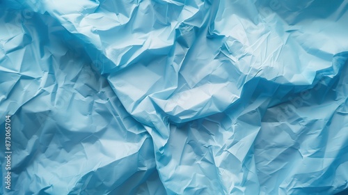 Close-up of wrinkled blue paper texture, ideal for scrapbooking and crafting. Top view