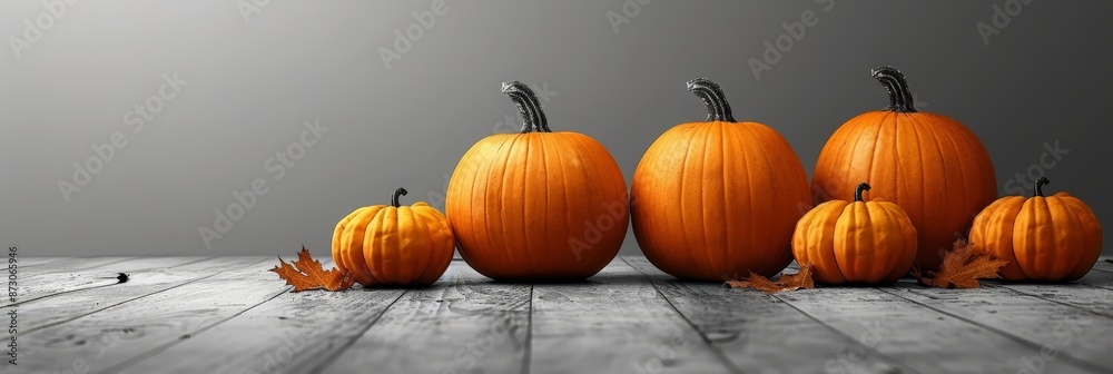 Pumpkins arranged in a row on wooden surface for Halloween decoration. Halloween background. Pumpkins arranged in a row on wooden surface for Halloween decoration. Halloween background.