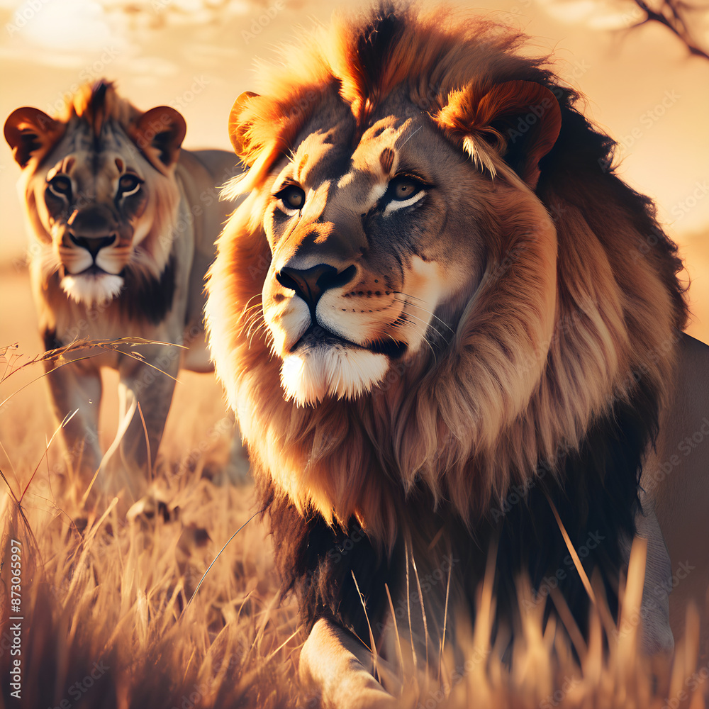 Naklejka premium Lion and the African savanna