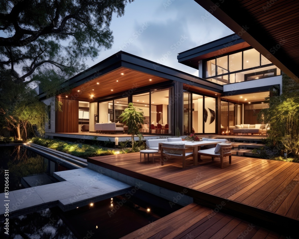 Modern home with a deck and courtyard area Modern home with a deck and courtyard area