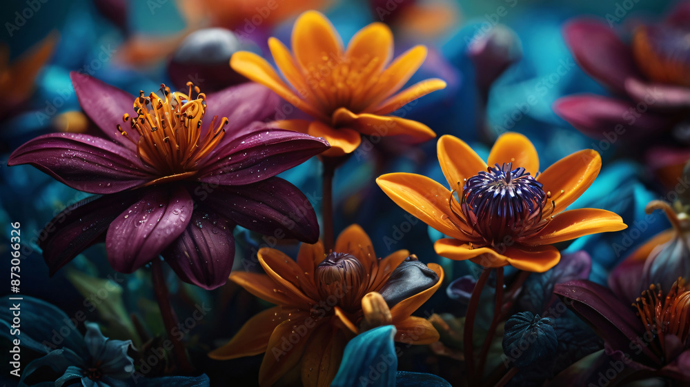 Fototapeta premium Mixed colorful flowers background. Vibrant colors of mixed flowers backdrop, botanical composition