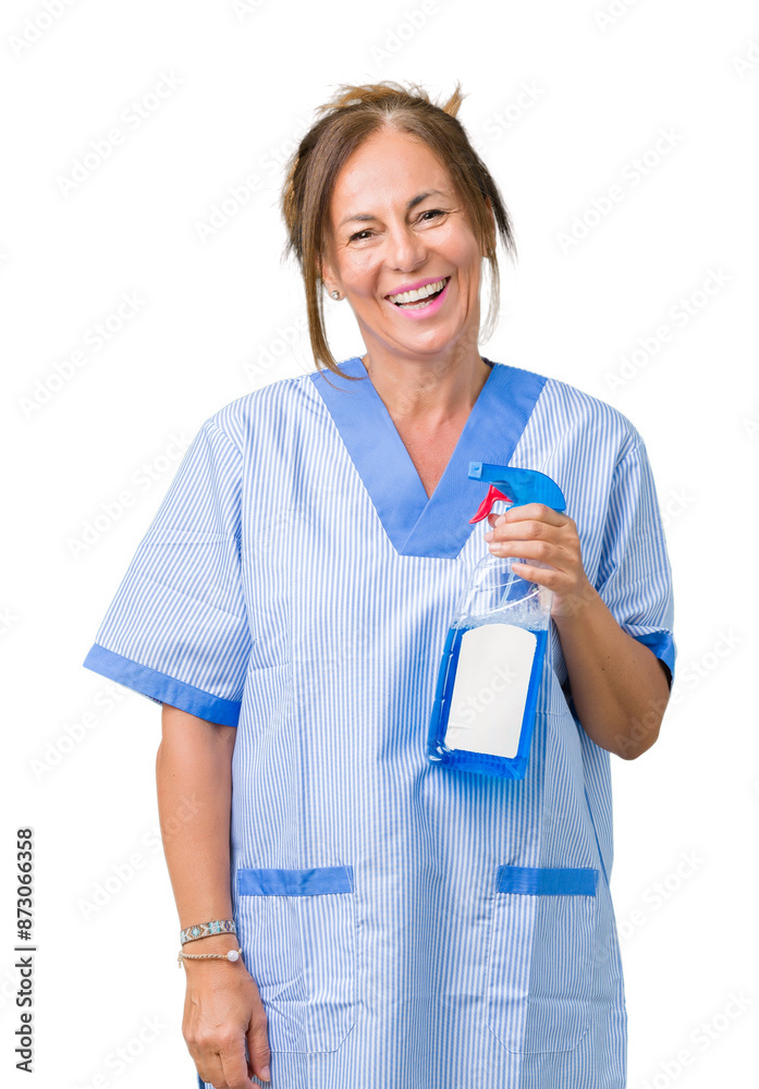 Middle age brunette cleaner woman wearing housework uniform over isolated background with a happy face standing and smiling with a confident smile showing teeth Middle age brunette cleaner woman wearing housework uniform over isolated background with a happy face standing and smiling with a confident smile showing teeth