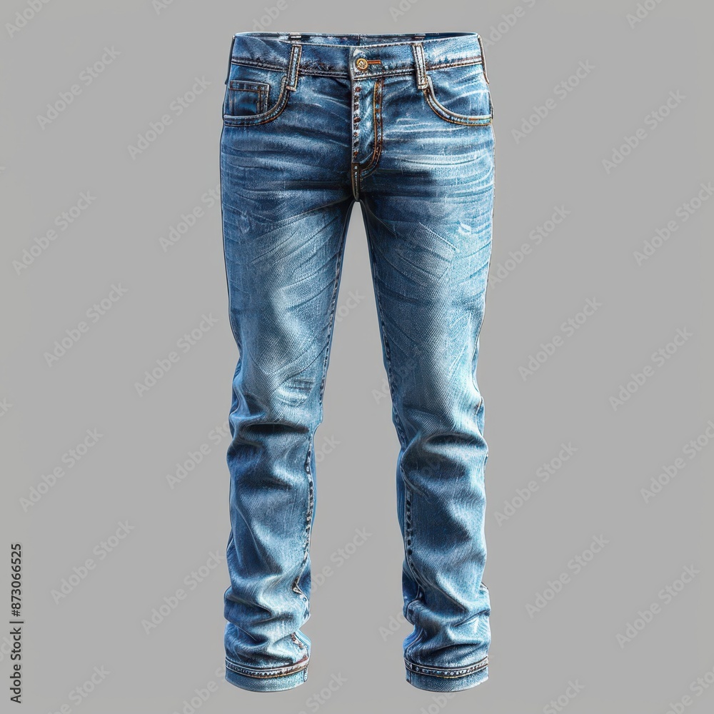 Classic blue denim jeans with a casual, timeless design, perfect for everyday wear and versatile style. Front view on a grey background. Classic blue denim jeans with a casual, timeless design, perfect for everyday wear and versatile style. Front view on a grey background.