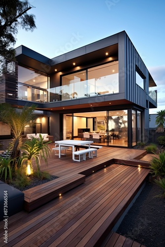 Modern home with a deck and courtyard area