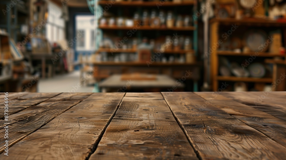 Empty wooden table, in front of abstract blurred background antique shop, space for text Empty wooden table, in front of abstract blurred background antique shop, space for text
