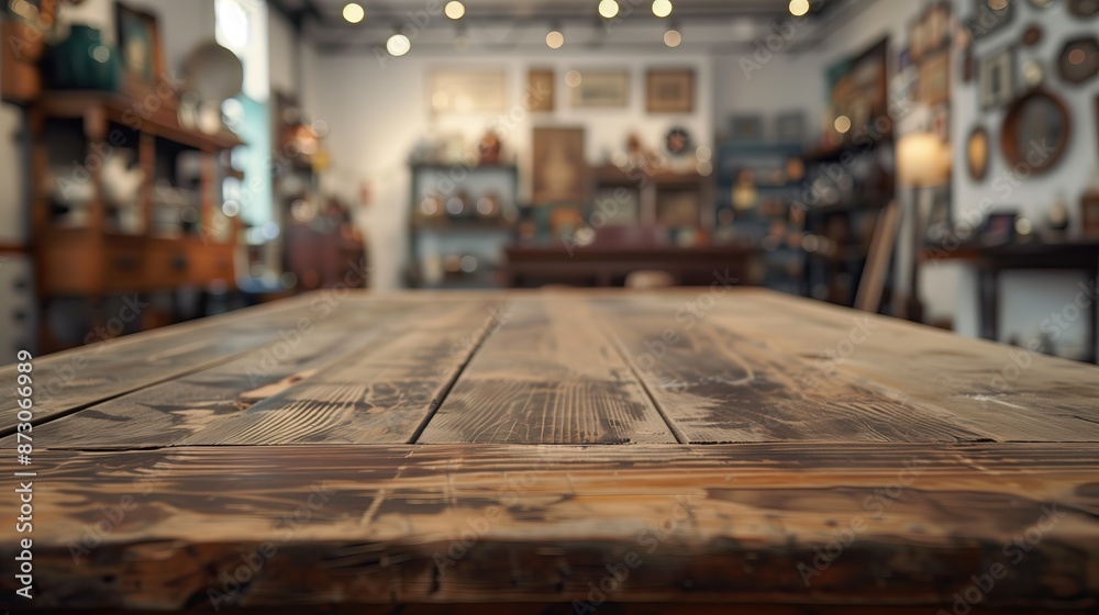 Empty wooden table, in front of abstract blurred background antique shop, space for text Empty wooden table, in front of abstract blurred background antique shop, space for text
