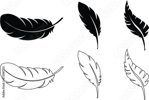 Set of Bird Feather. Feathers vector set in a flat style. Pen icon. Black quill feather silhouette. Plume let collection.vector eps10