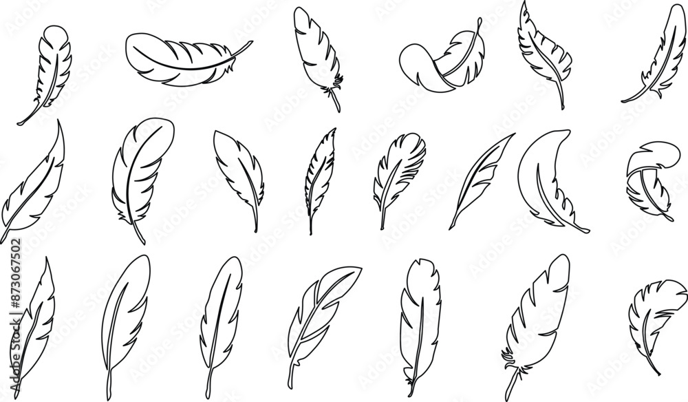 Set of Bird Feather. Feathers vector set in a flat style. Pen icon. Black quill feather silhouette. Plume let collection.vector eps10 Set of Bird Feather. Feathers vector set in a flat style. Pen icon. Black quill feather silhouette. Plume let collection.vector eps10