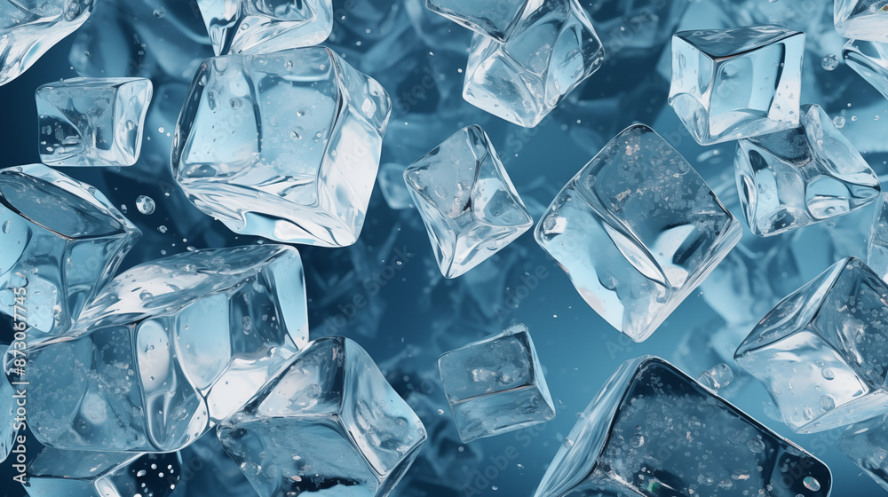 Blue ice cubes with water drops falling on the surface. Blue ice cubes with water drops falling on the surface.