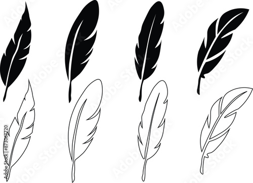 Set of Bird Feather. Feathers vector set in a flat style. Pen icon. Black quill feather silhouette. Plume let collection.vector eps10