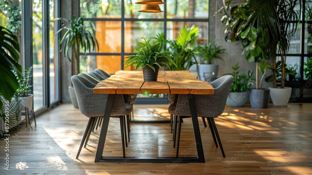 Fototapeta premium Wooden Dining Table with Gray Chairs in a Sunlit Room